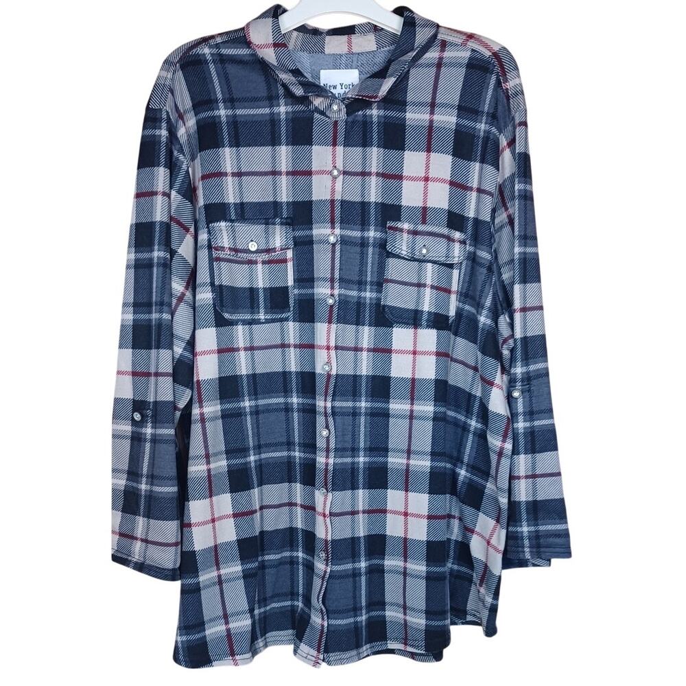 New York Laundry Flannel Shirt 3X Cream Grey Black Plaid Button Down Cabincore